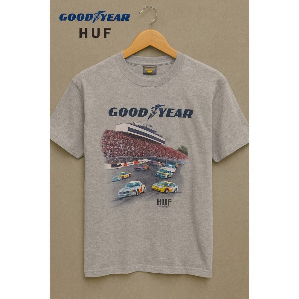 HUF x Goodyear Collab Graphic Gray Tee Nascar Racing Shirt T-Shirt Adult  L